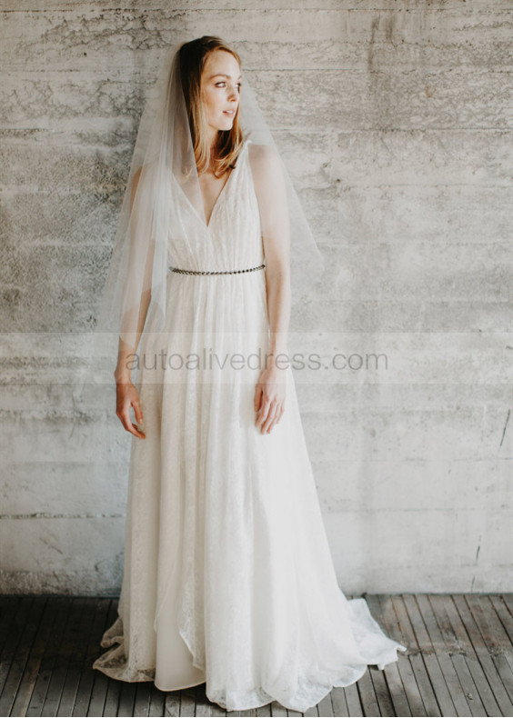 Ivory Lace Deep V Back Sping Wedding Dress
